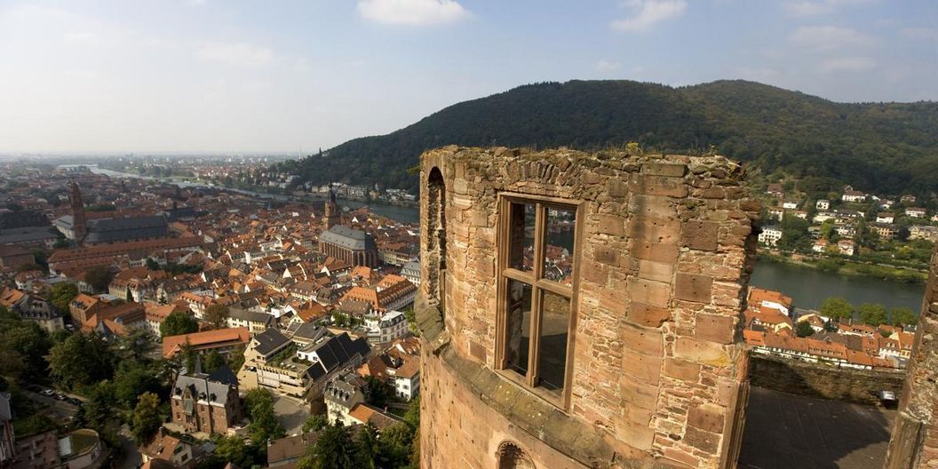 View of Heidelberg Palace across the Neckar valley and into the Rhine plain