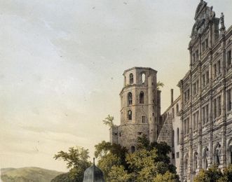 Lithografie von Schloss Heidelberg, Deroy nach Zeichnung von Bachelier, 1844