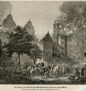 Verwüstung des Heidelberger Schlosses durch die Franzosen unter Mélac, Kupferstich nach dem Gemälde von L. Braun, Foto: Stadtarchiv Heidelberg