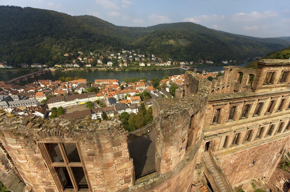 View across the English Building down to Heidelberg's historic district at Heidelberg Palace