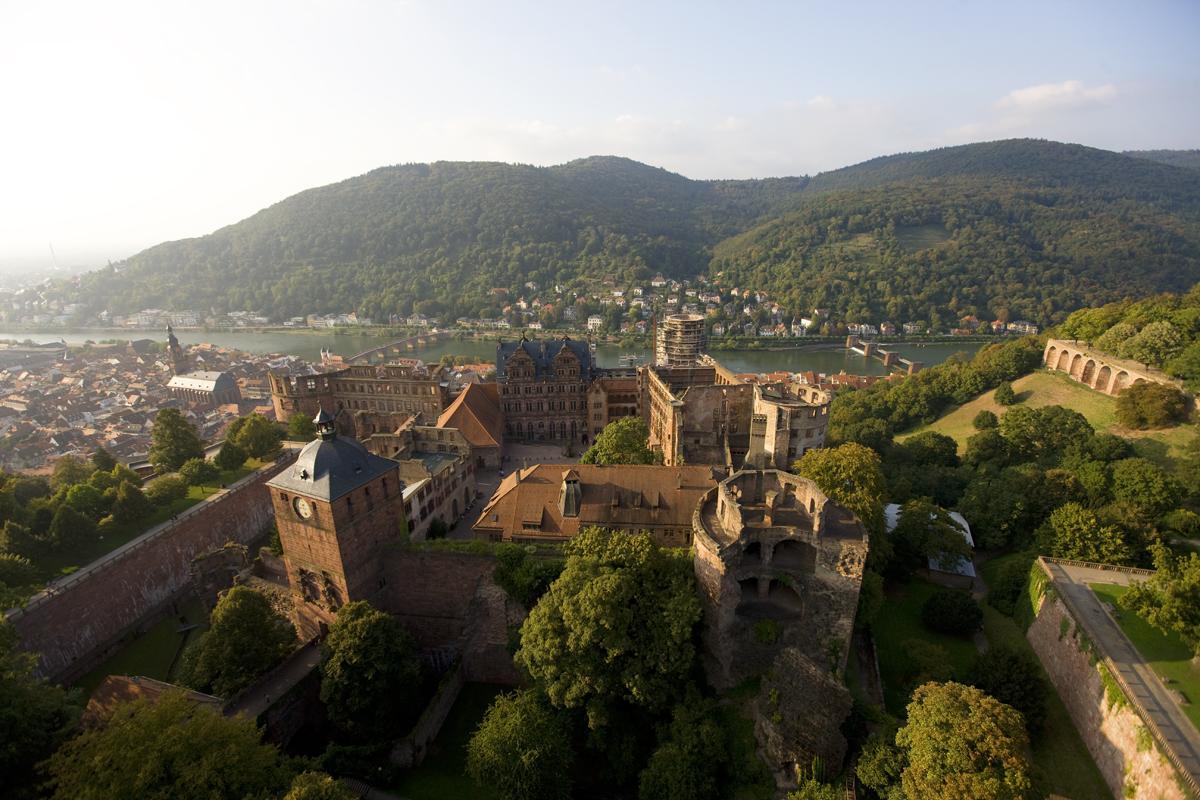 Aerial view of Heidelberg Castle and the Neckar valley