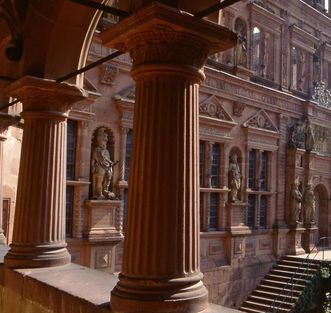 View through the arcades of the Hall of Glass at Heidelberg Castle