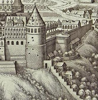 Detail of a copper engraving of Heidelberg Castle and garden, by Matthäus Merian, circa 1620