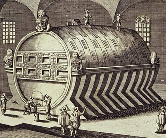 Copper engraving of the Great Barrel at Heidelberg Castle, 18th century