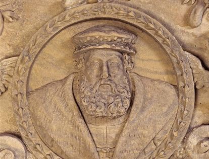 Circular portrait, also called a tondo, of Ottheinrich in stuccoed relief at Heidelberg Castle