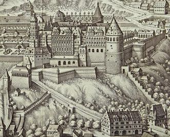 Copper engraving of Heidelberg Castle and garden, estimated 17th century