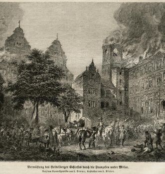 Image: Destruction of Heidelberg Castle by French troops under Mélac, copper engraving based on a painting by L. Braun